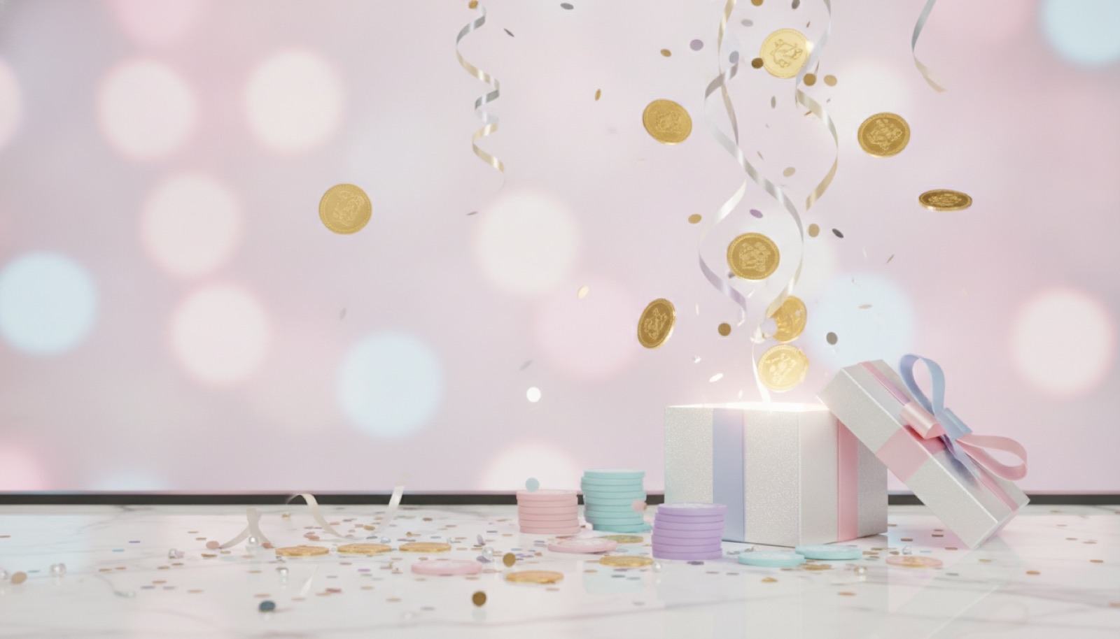 Confetti dan chip di atas kaunter marmar